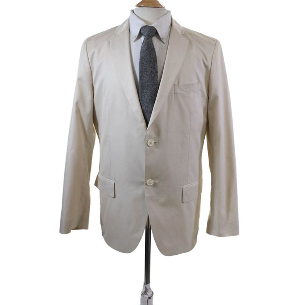 +J Mens Two Button Classic Lapel Blazer Jacket Khaki Beige Cotton Size Large